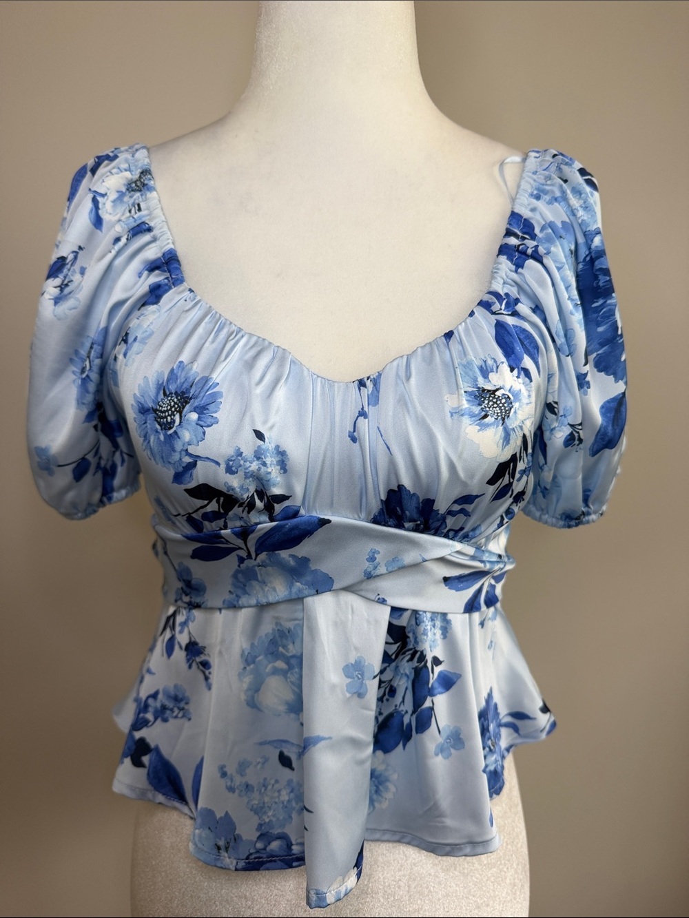 NWT ALTARD State Blue Floral Puff Sleeve Peplum Top size Xs